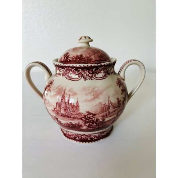 Vintage Red Transferware Creamer & Sugar Bowl Set w/Lid Victorian Ironstone - Picture 10 of 14